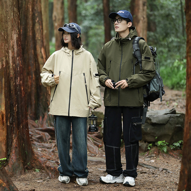 Men's autumn new American workwear couples, loose windproof and waterproof solid color hooded jacket for men_voghion.com