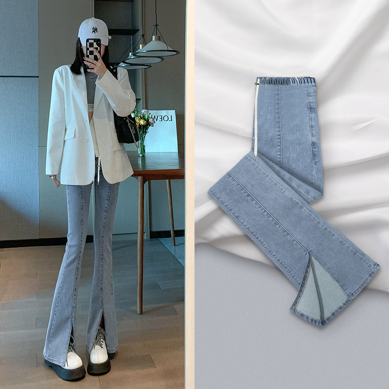 Pregnant Women's Denim Flared Pants Spring and Autumn Slim-Fit Abdomen-Free Drawstring Stretch Trousers Autumn Dress Pregnant Women's Pants