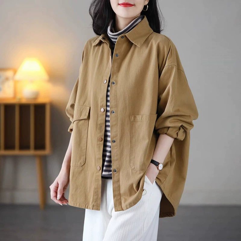 Женская куртка из твила, художественная, свободного кроя, большого размера, тонкая, повседневная, ветровка в корейском стиле, осенняя рубашка с длинными рукавами