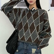 美式复古菱打底针织衫毛衣女2025秋冬季新款短款圆领套头宽松毛衣