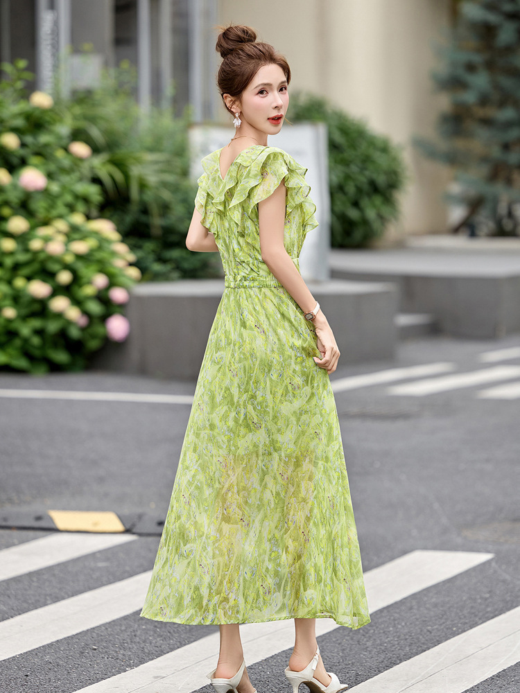 Đầm maxi nữ thắt eo cổ V in họa tiết hoa dáng dài — Hoa xanh lá cây, Hoa xám