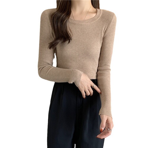 Women's winter and autumn sweater inner layer crew neck ribbed design fashionable and trendy long sleeve knitted top
