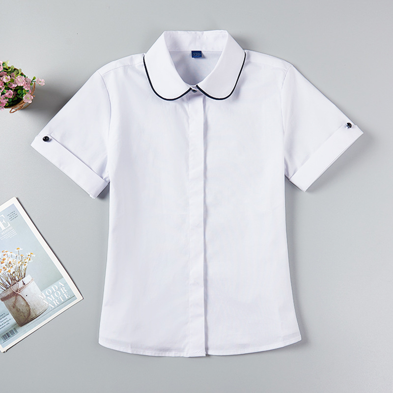 女童短袖白衬衫夏装新款圆领翻领镶黑边半袖纯棉学生校服白色衬衣