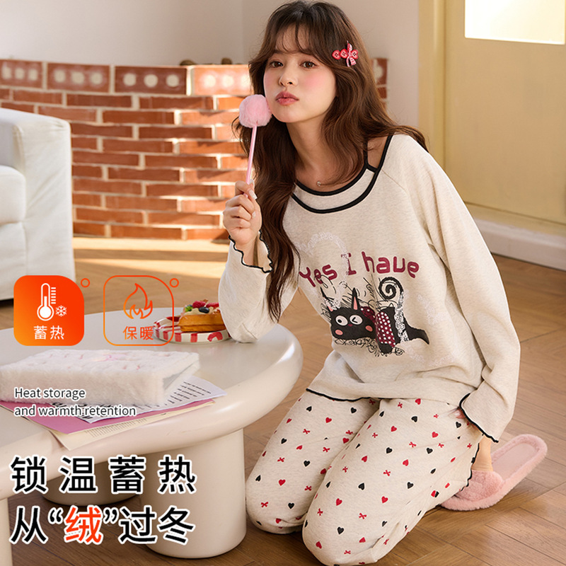 Pajamas for Women in Autumn and Winter, Silk Wool and German Velvet Thickened Long-Sleeved Round-Neck Pullover Cartoon Thermal Storage and Warm Home Wear