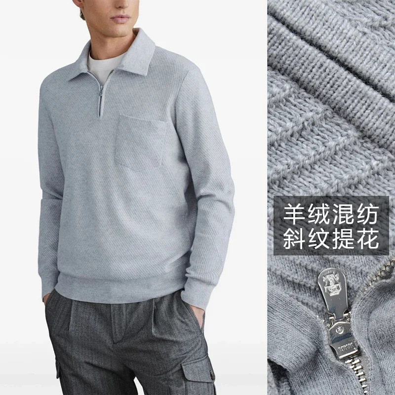 Bc Men's Sweater with 5% Cashmere Blend, Half-Open Front, 12-Gauge 30-Count Diagonal Jacquard Design, Thick Style 55834