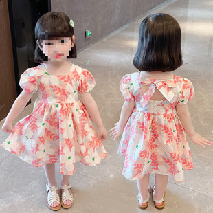 Girls' Floral Skirt 2024 Summer New Backless Short-sleeved Western Style Korean Style Baby Girl's Online Celebrant Princess Skirt