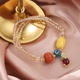 天然水晶手链三层多宝碧玺手饰新中式国潮串珠天圆地方天珠手串