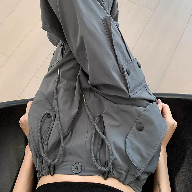 灰色工装裤女夏薄款2025新款宽松直筒裤美式高腰阔腿速干运动裤女