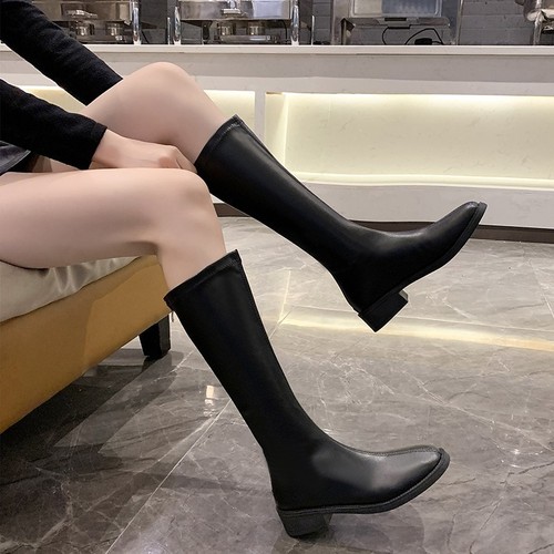 New Korean Style Round-Toe Low-Heel Zipper High-Calf Boots for Women, Martens Boots, Exports, Slim-Fitting Boots, Single Boots, Plus Size