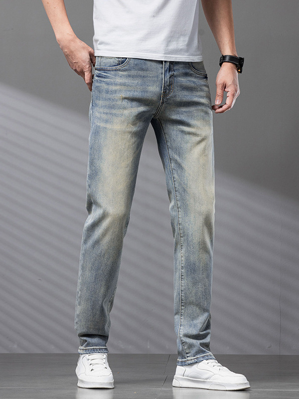 Bordado Mizongtu Jeans de hombre europeo de gama alta, amarillo fangoso pesado, lavado elástico delgado, pantalones de hombre rectos pequeños