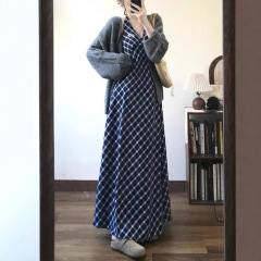 WESTAYON 韩系复古格纹显瘦设计感连衣裙高级感挂脖裙女长裙