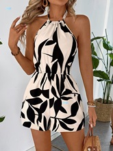 Spring Summer Leaf Printed Spaghetti Strap Jumpsuit羳