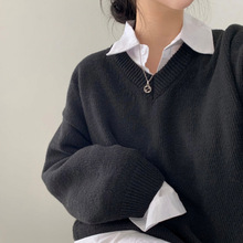 外单2025秋冬韩国chic宽松慵懒大版毛衣v领套头中长款保暖上衣女