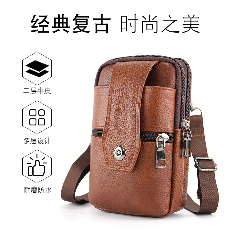 Bolso de cintura de teléfono móvil de mediana edad de cuero genuino cinturón de hombre hebilla vertical multifuncional bolso de teléfono móvil de piel de vaca de 6,5 pulgadas y 7,5 pulgadas