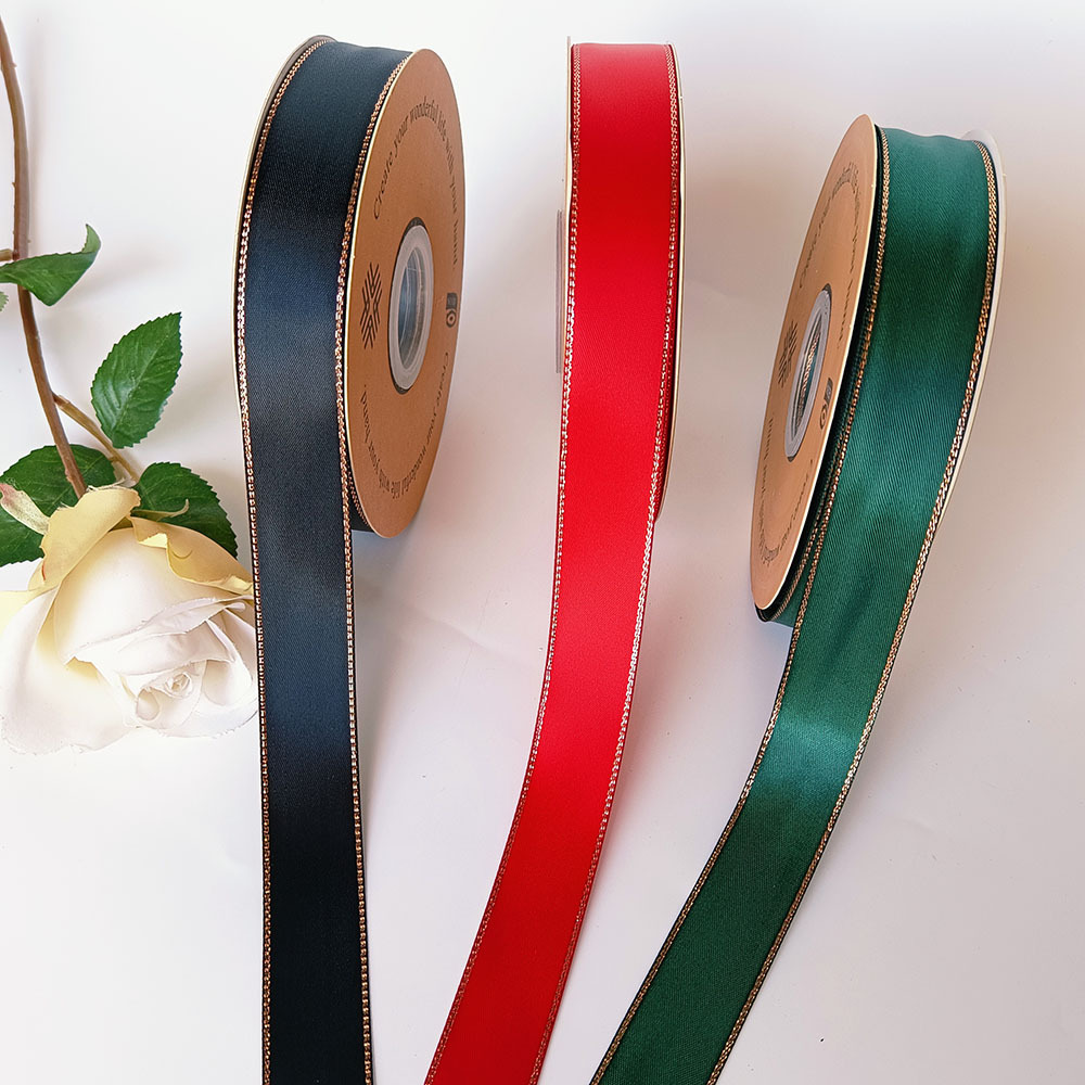 Cinta de poliéster de borde dorado de doble cara Cinta de flores Caja de regalo Embalaje Cinta Arco Soporte de barra Cinta hecha a mano al por mayor