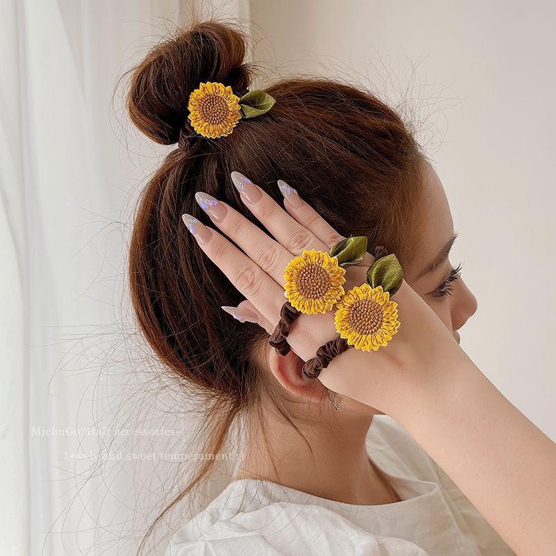 여름 해바라기 작은 장내 머리 반지 여성의 머리 밧줄 높은 탄성 머리 밧줄 간단한 고무 텐든 헤드폰 2025