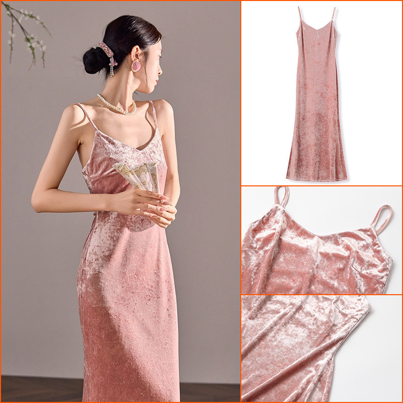 Autumn New Design Simple Pure Color Velvet A-Line Long Skirt New Chinoiserie Accessible Luxury Slim Suspender Skirt M8127
