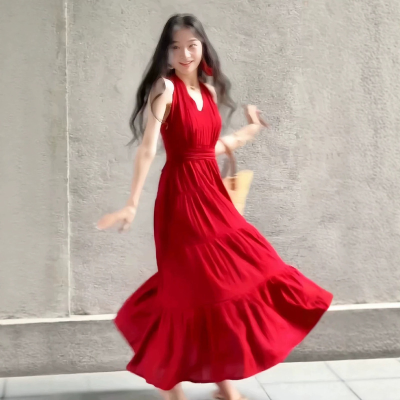 French-Style Elegant Red Halter Neck Dress for Women, Summer 2026 New Model, Perfect for Seaside Vacation, Stunning and Beautiful Long Dress