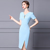 Improved cheongsam skirt with sky blue bubble sleeve and high waist front split