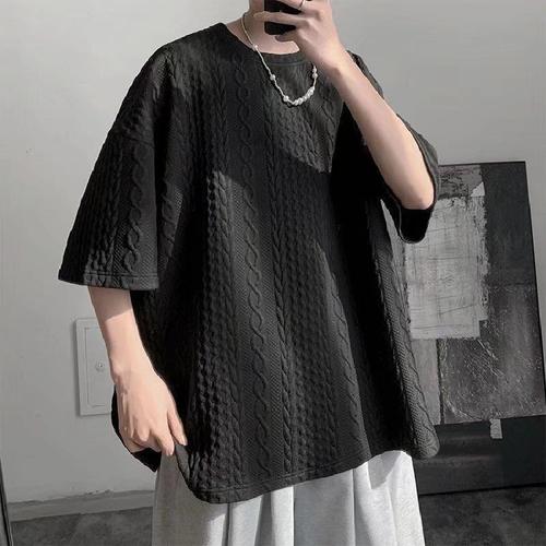 Men's Harajuku Style Short Sleeve T-Shirt, Hong Kong-Inspired Retro Fashion, Five-Button Sleeve T-Shirt, Instagram-Korean Version Trendy Loose Top