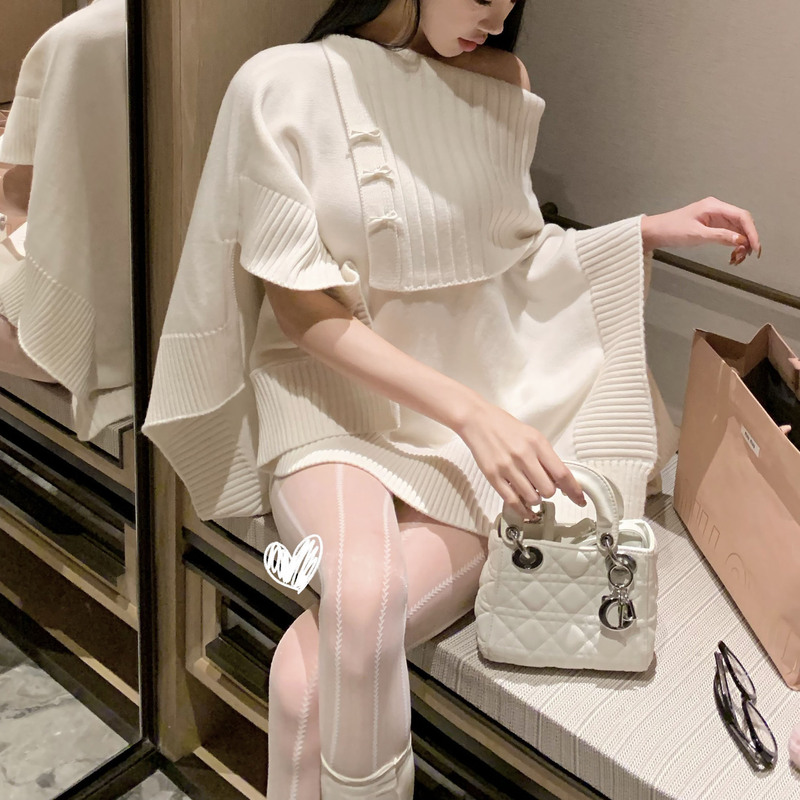 2025 韓国スタイルの怠惰なスタイルの多用途ニットマントセーター女性のルーズアウターワンショルダーニットブラウスジャケット女性|undefined