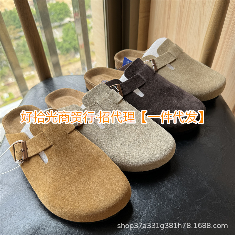 Putian High-Quality Narrow Soft-Soled Bk Birkenstock Shoes Boston Closed-Toe Slippers Half-Slipper Genuine Leather Cork Birkenstock Women's Shoes