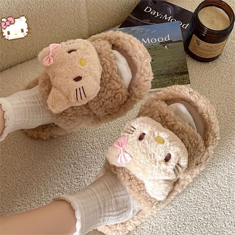 Cartoon Kitten Plush Slippers for Women, Suitable for Outdoor Wear, 2024 Autumn and Winter New Style, Flat Non-Slip Plush Cotton Korean Trendy Style