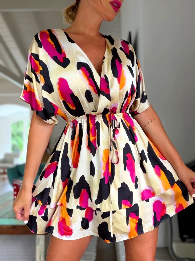 Abstract Print V-Neck Midi Dress With Tie Waist, Flowy Short Sleeve Summer Dress For Vacation & Casual Outings_ecoleips.com