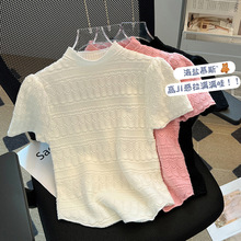 欧美洋气小立领短袖针织T恤女2024春夏新款漂亮花纹短款纯色上衣