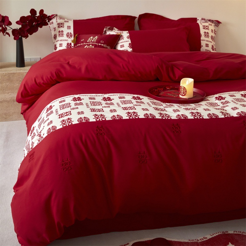 Complete Wedding Quilt Set, Bride's Dowry Washed Cotton Four-Piece Set, Red Wedding Bedding Set Seven
