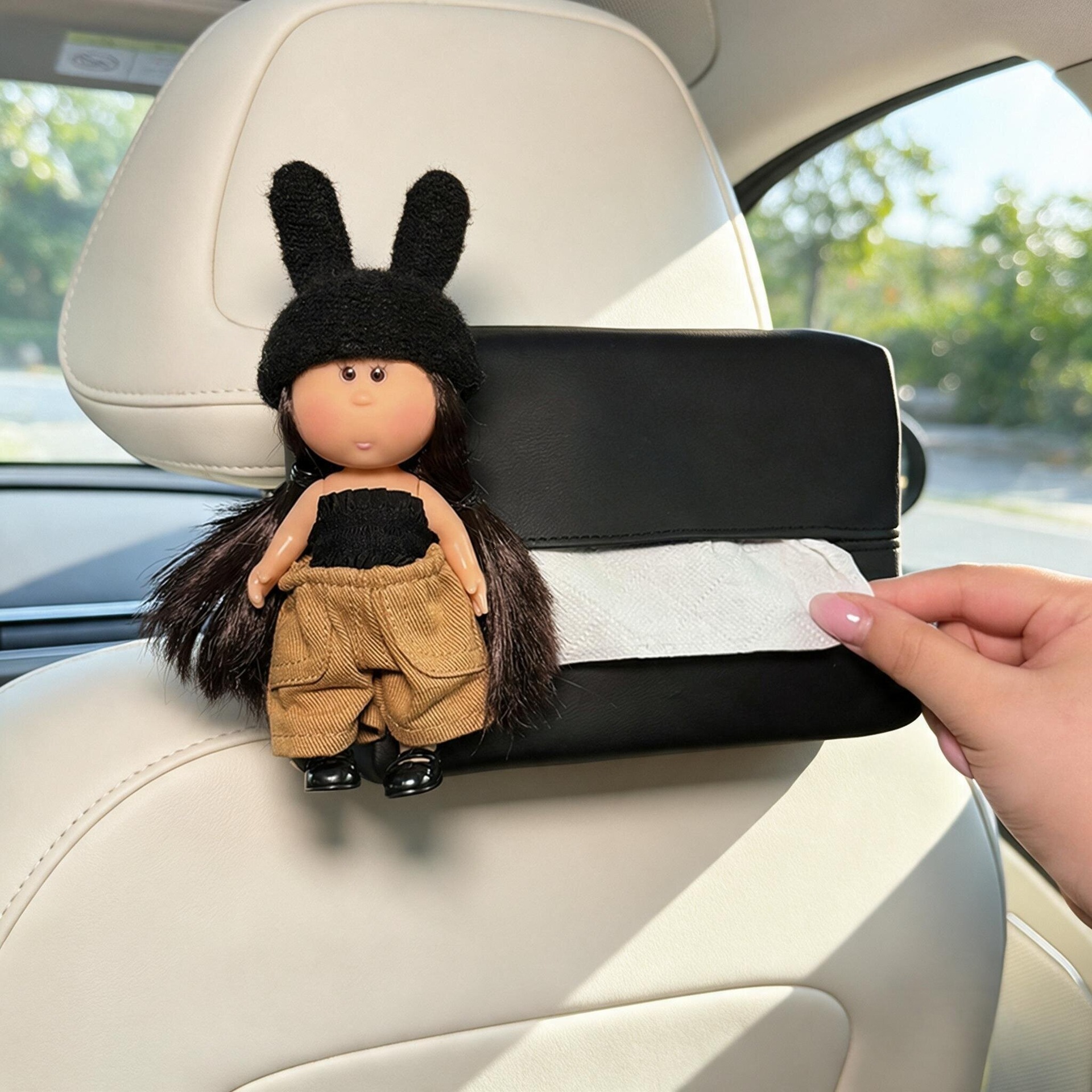 Cute Potato Sister Car Tissue Box, 2026 New Model, Hanging Design for Car Rear Headrest, Adds a Touch of Elegance