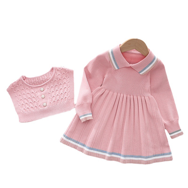 Kinder 2024 Neues Pulloverkleid Zweiteiliges Set Mädchenweste + Kleid Gestrickter Wollrock_voghion.com