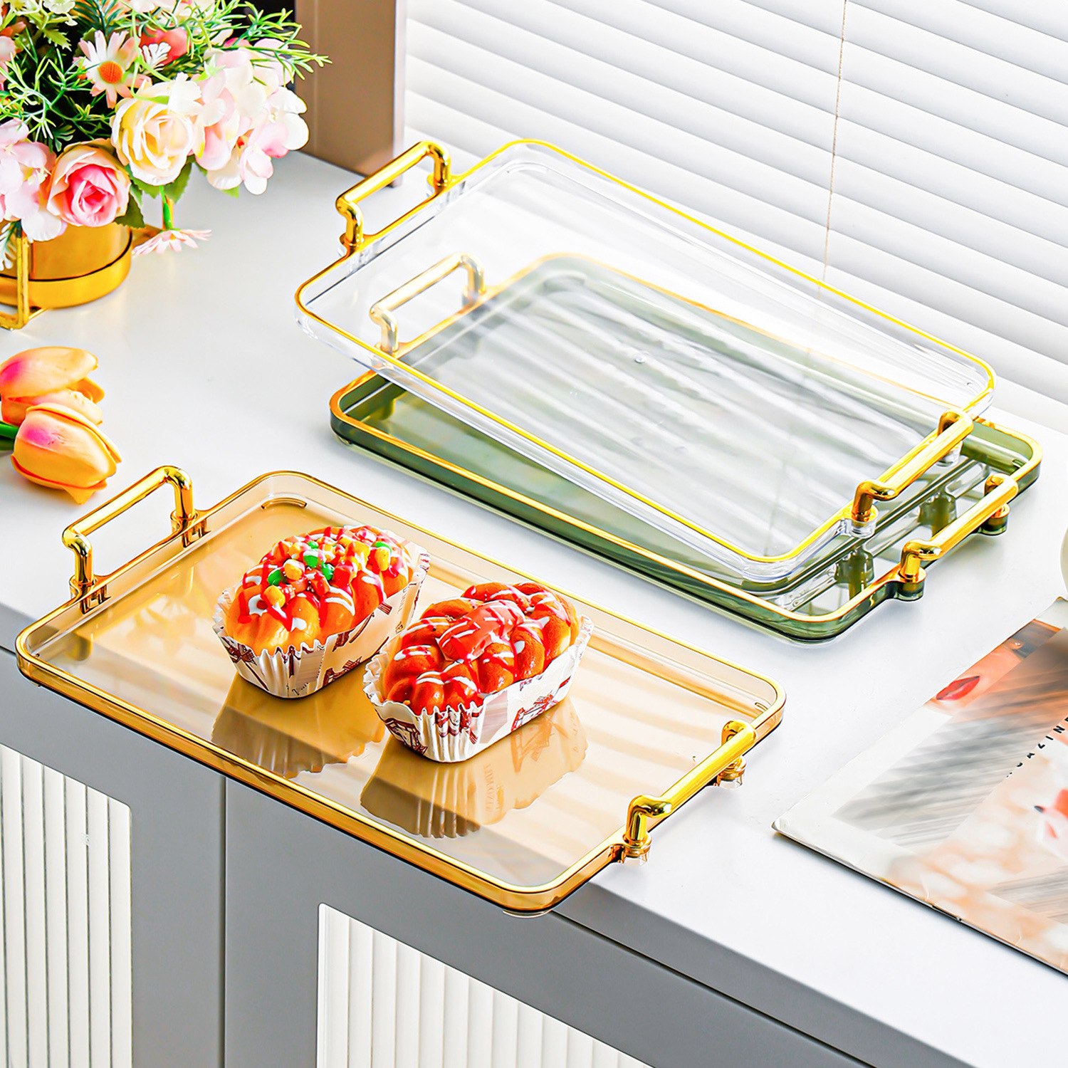 Light Luxury Tray Rectangular Water Cup Storage Tray Home Living Room Coffee Table Storage Tray Desktop Cosmetics Storage Tray