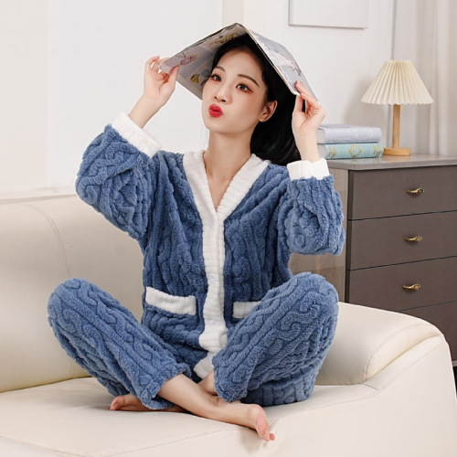 Coral Fleece Pajamas for Women, Winter Thickened Style with Pockets, Casual Home Wear, Cardigan, Sweet Girl-Like Loose-Fit Korean-Style Outfit