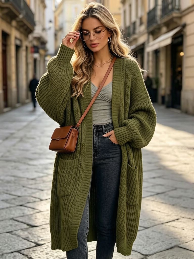 Suéter de rodilla grueso de otoño y invierno abrigo femenino suelto versátil fondo de manga larga jersey cardigan perezoso tendencia media y larga