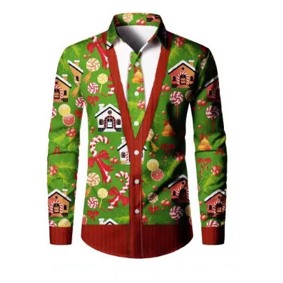 Christmas-themed men's faux suit tuxedo print long-sleeve casual shirt, new style Christmas-themed men's faux suit tuxedo print long-sleeve casual shirt, new style
