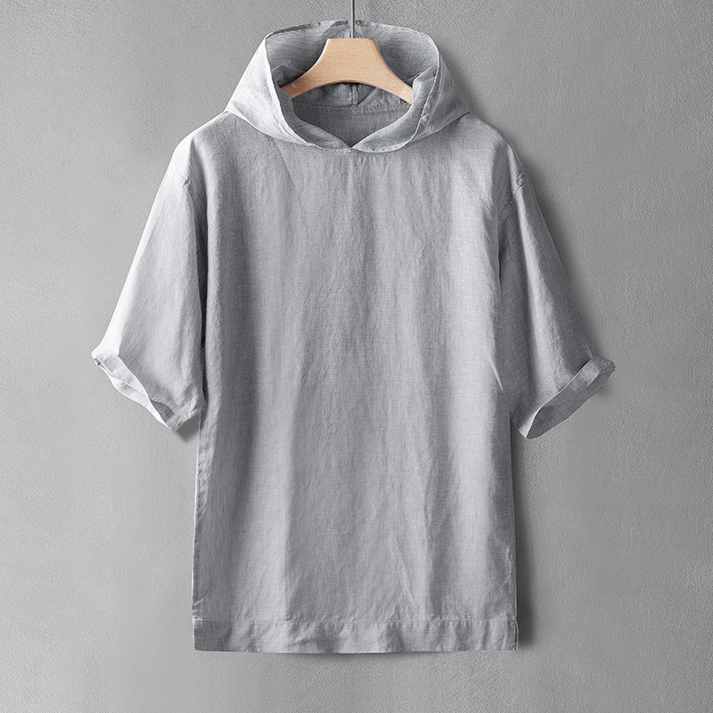 Verano hip hop estilo Delgado color sólido Lino cuello redondo pullover Top Loose hombres HOODIE en stock