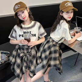 儿童女童套装夏装短袖小童甜美可爱日常休闲流行JK格子裙学院风