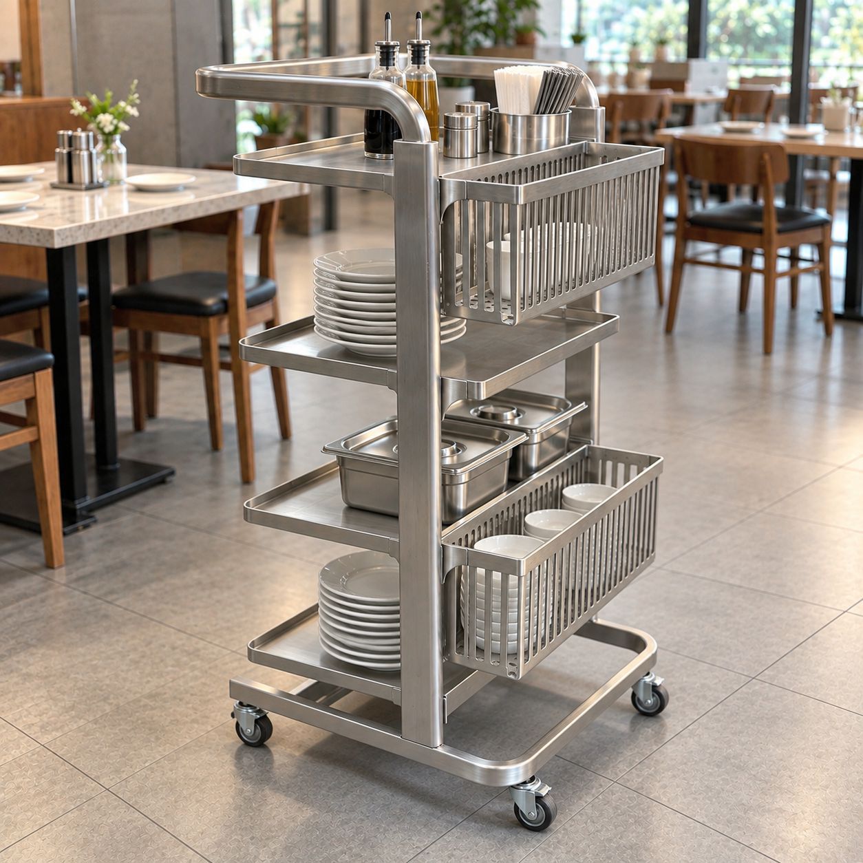 Hand-push food cart, food delivery cart, prep station with shelves, stainless steel detachable strainer, four-wheel hotel/restaurant cart
