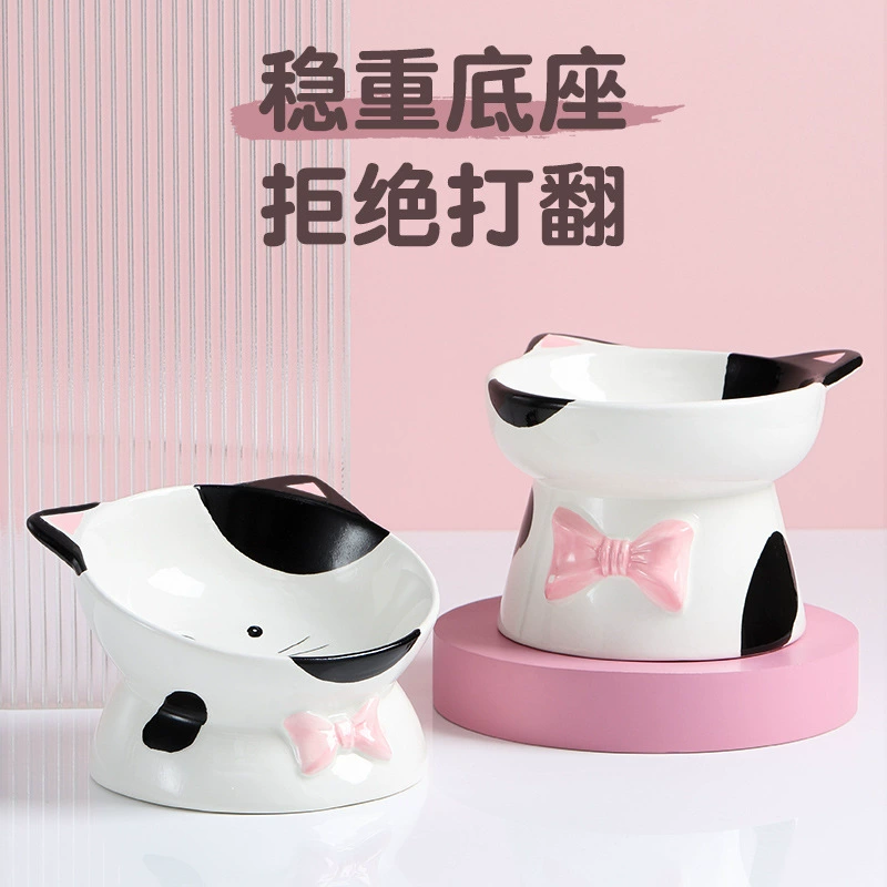 【Tianyuan Pet_Cat Head Ceramic Bowl】Керамическая миска на кота голова с наклонной шеей, защитная, керамическая чашa, для кошки и собаки