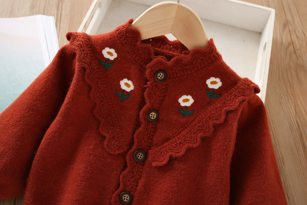 Girls Cardigan Sweater Embroidered Floral Knitted Autumn Winter_voghion.com