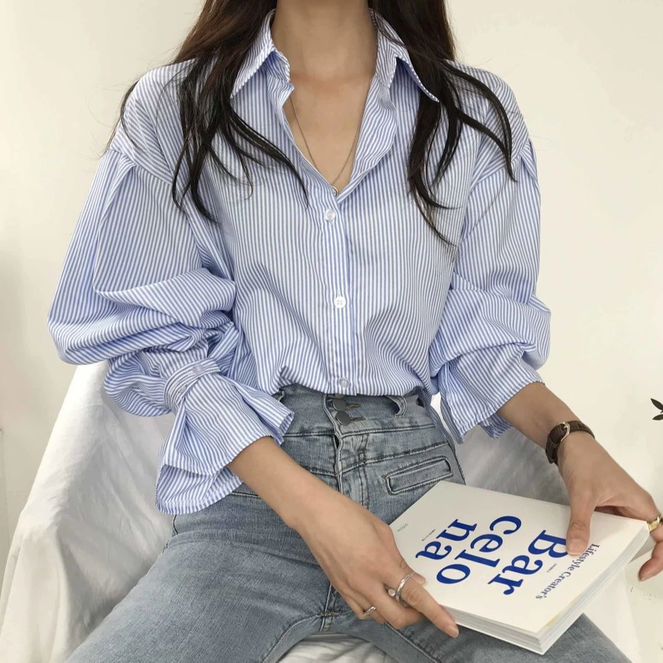 Дизайнерская свободная рубашка в тонкую полоску для женщин, простой внутренний топ с длинными рукавами