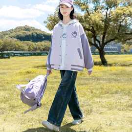 女童外套2025春秋新款洋气时髦中大童拼接棒球服外套连帽卫衣套装