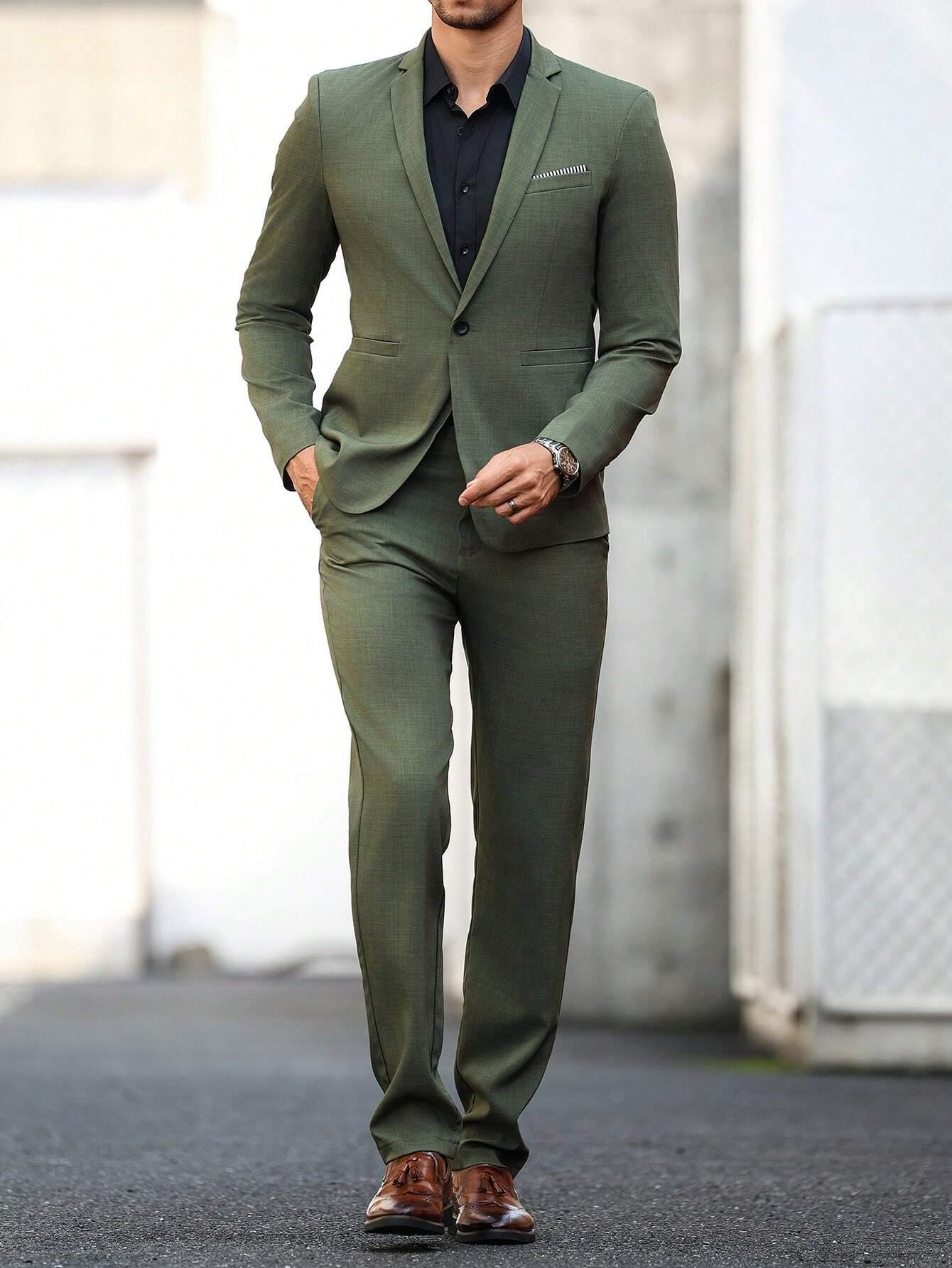 Men's Dark Green Business Suit Set For Gentleman Solid Color_voghion.com