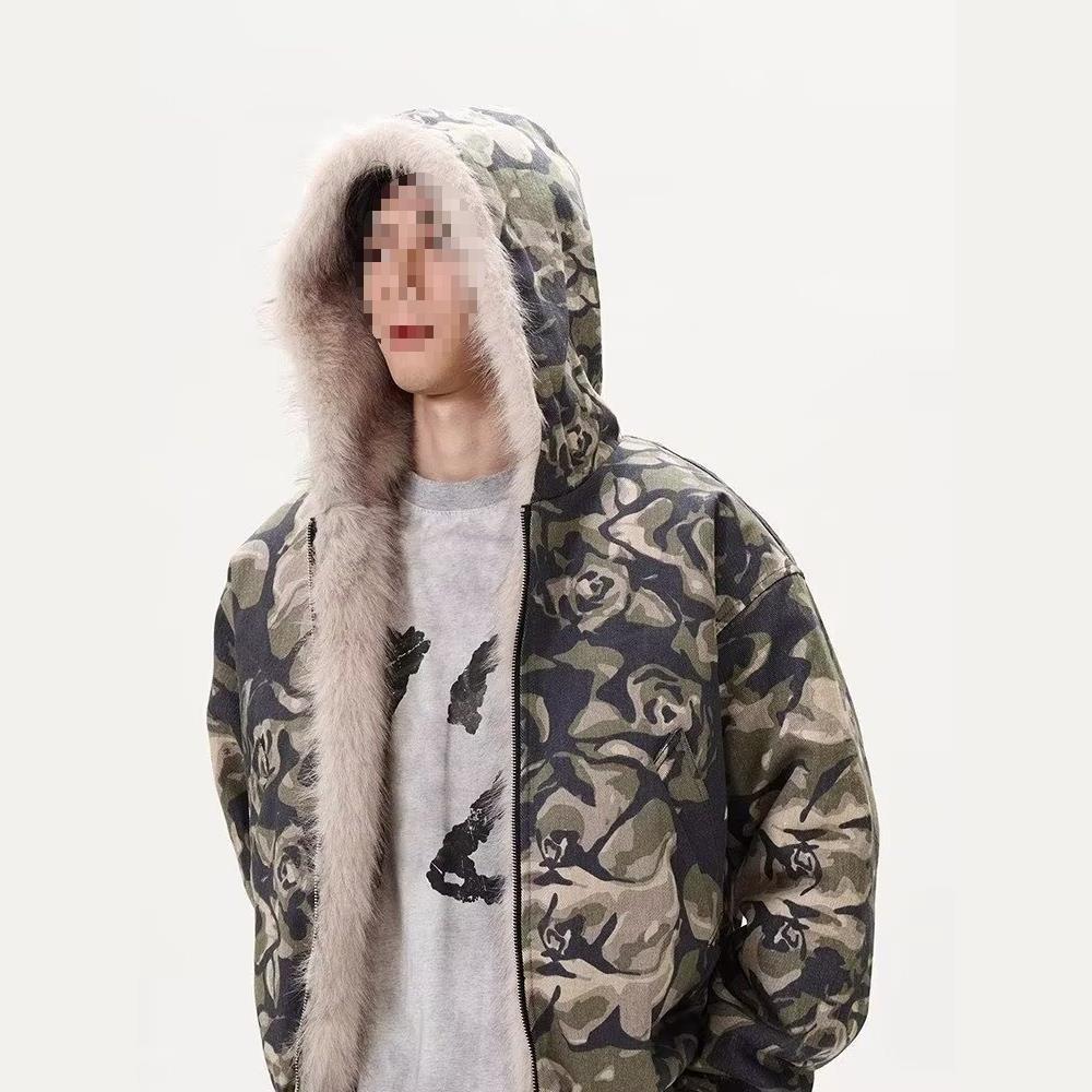 American retro style camouflage hooded cotton-padded jacket with large fur collar, women's 2024 new winter design, short cotton-padded coat, trendy.