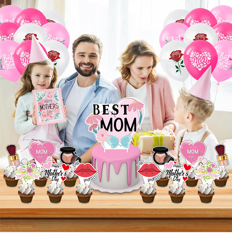 Mother's Day Sweet Pastoral Letter Rose Paper Indoor Outdoor Party Balloons Cake Decorating Supplies display picture 3