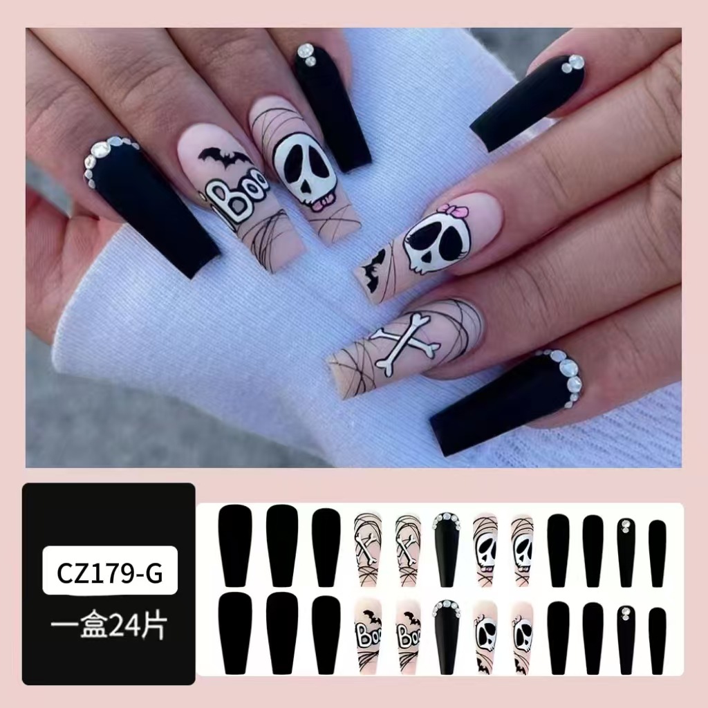 Comercio exterior de dibujos animados arco cráneo hueso rhinestone manicura Wansheng excéntrico falso uñas parche desgaste pieza de uñas