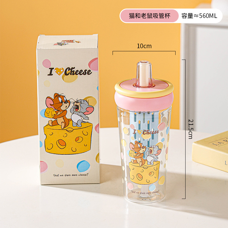 Nuevo gato y ratón Vaso de vidrio con alto contenido de borosilicato Vaso de agua de alto valor Vaso de paja de gran capacidad de verano Vaso de agua con fugas de té