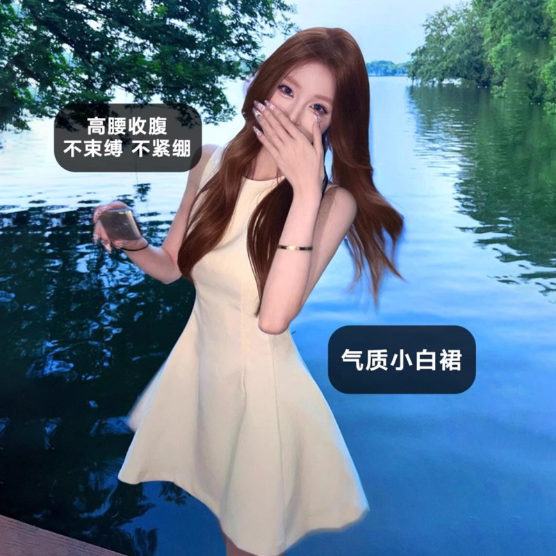杏色高级感无袖短裙夏季薄款赫本风高干文绝美纯色连衣裙女主裙|undefined