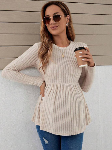 Shien Top—European and American Style Long-Sleeved Maternity Top, Solid-Color Pullover Maternity T-Shirt